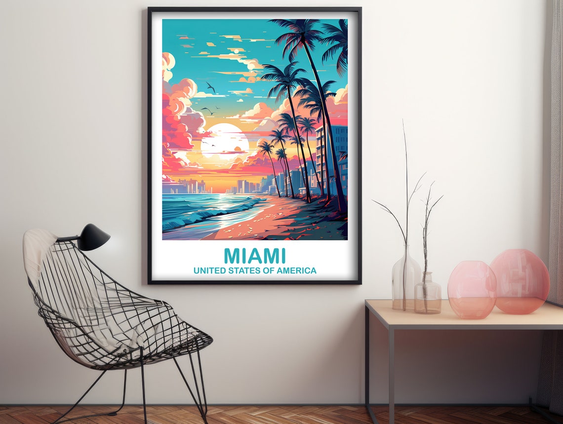 Miami Beach Sunrise Palm Trees Ocean Waves Vintage Art Poster - Image 2