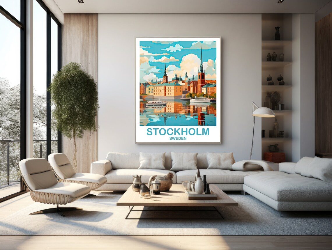 Stockholm Sweden Old Town Harbor Boats Retro Travel Art Poster - Image 2