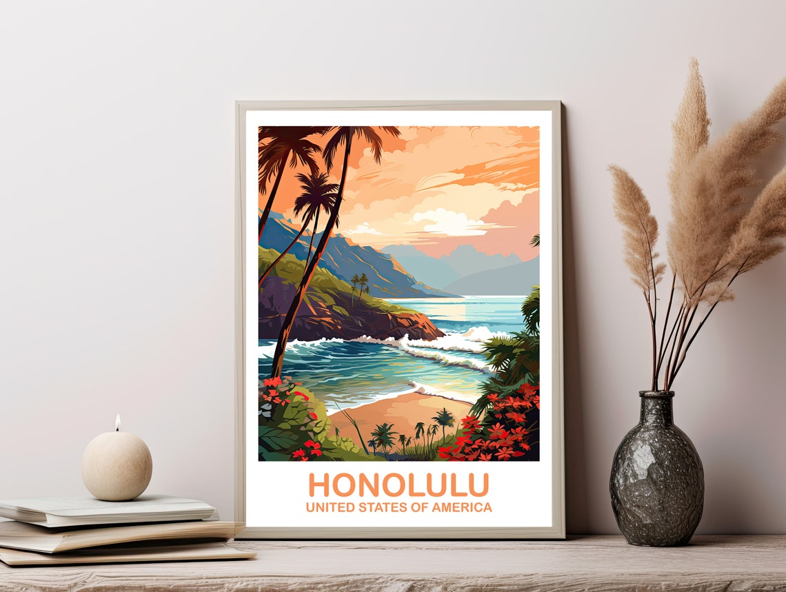 Honolulu Travel Art Hawaii Travel Wall Art Honolulu Wall Art City Skyline Wall Art Usa Travel Wall Art Dt2nahaho1 - Image 2