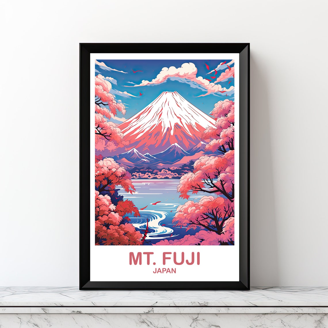 Mount Fuji Tranquil Lake Cherry Blossom Trees Blue Sky Poster