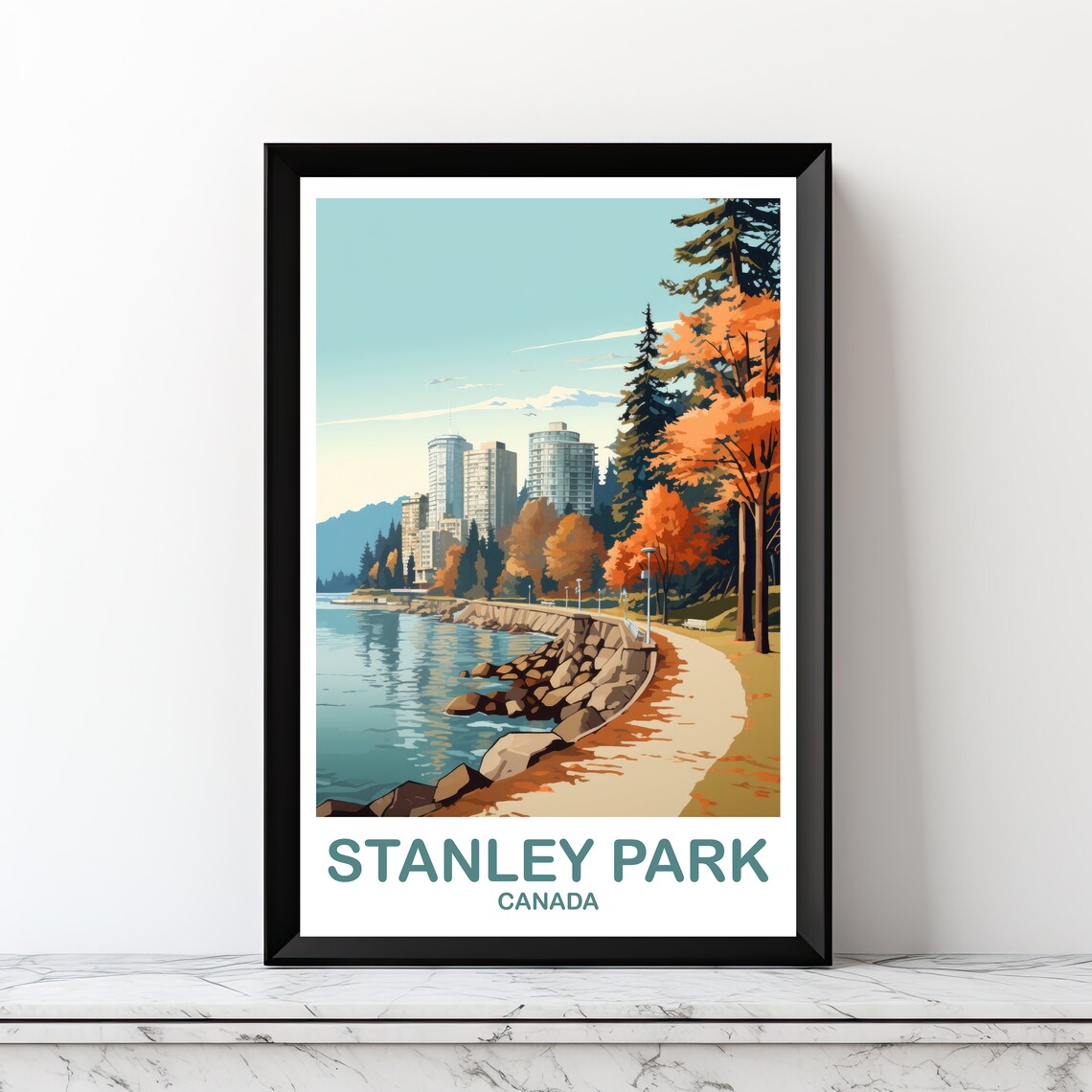Stanley Park Canada Autumn Seawall Skyline Vintage Travel Poster