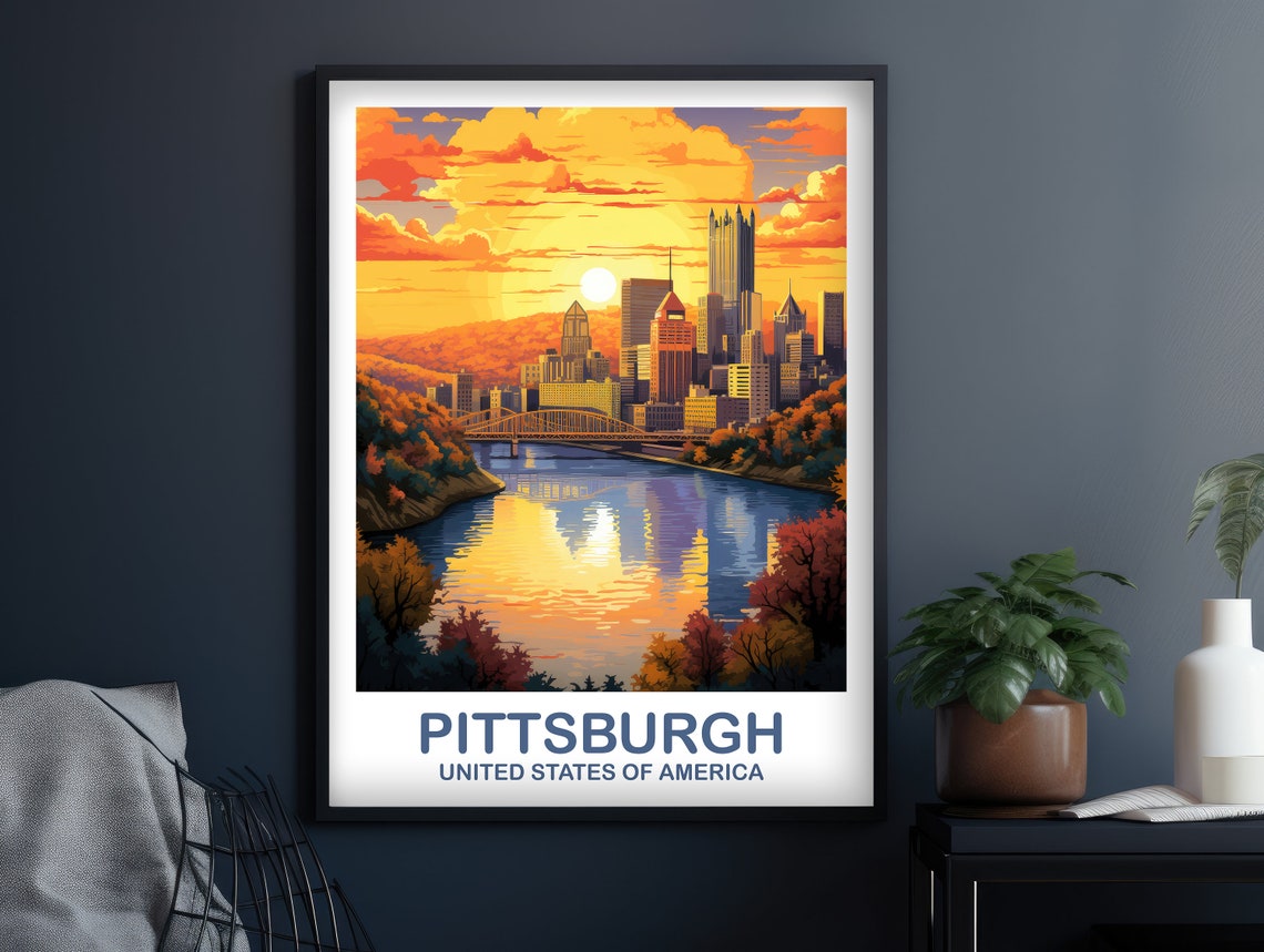 Pittsburgh Pennsylvania Sunset Skyline River Bridges Travel Poster - Image 2