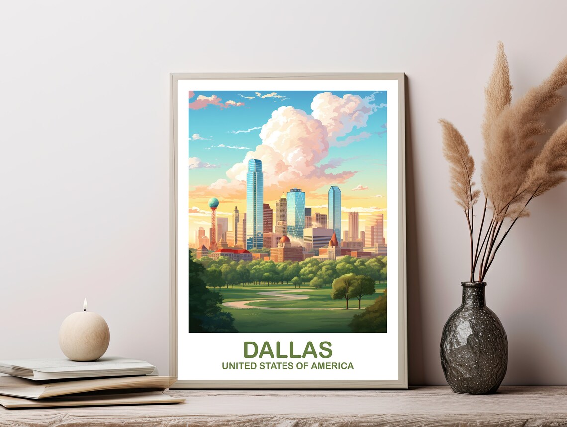 Dallas Texas Downtown Skyline Reunion Tower Park Travel Poster - Image 3