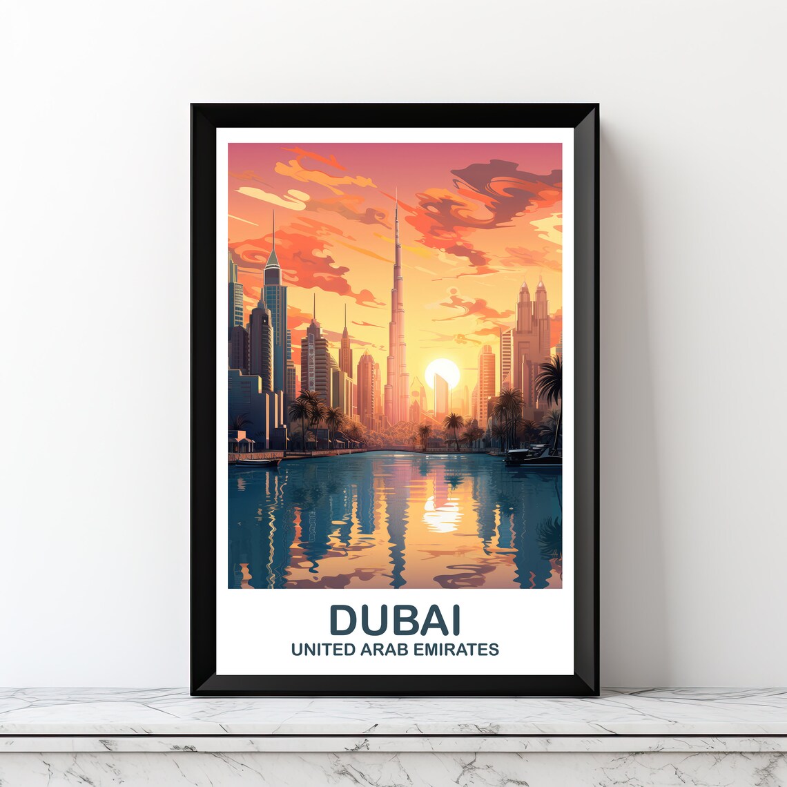 Dubai Travel Poster, Vibrant Sunset Skyline