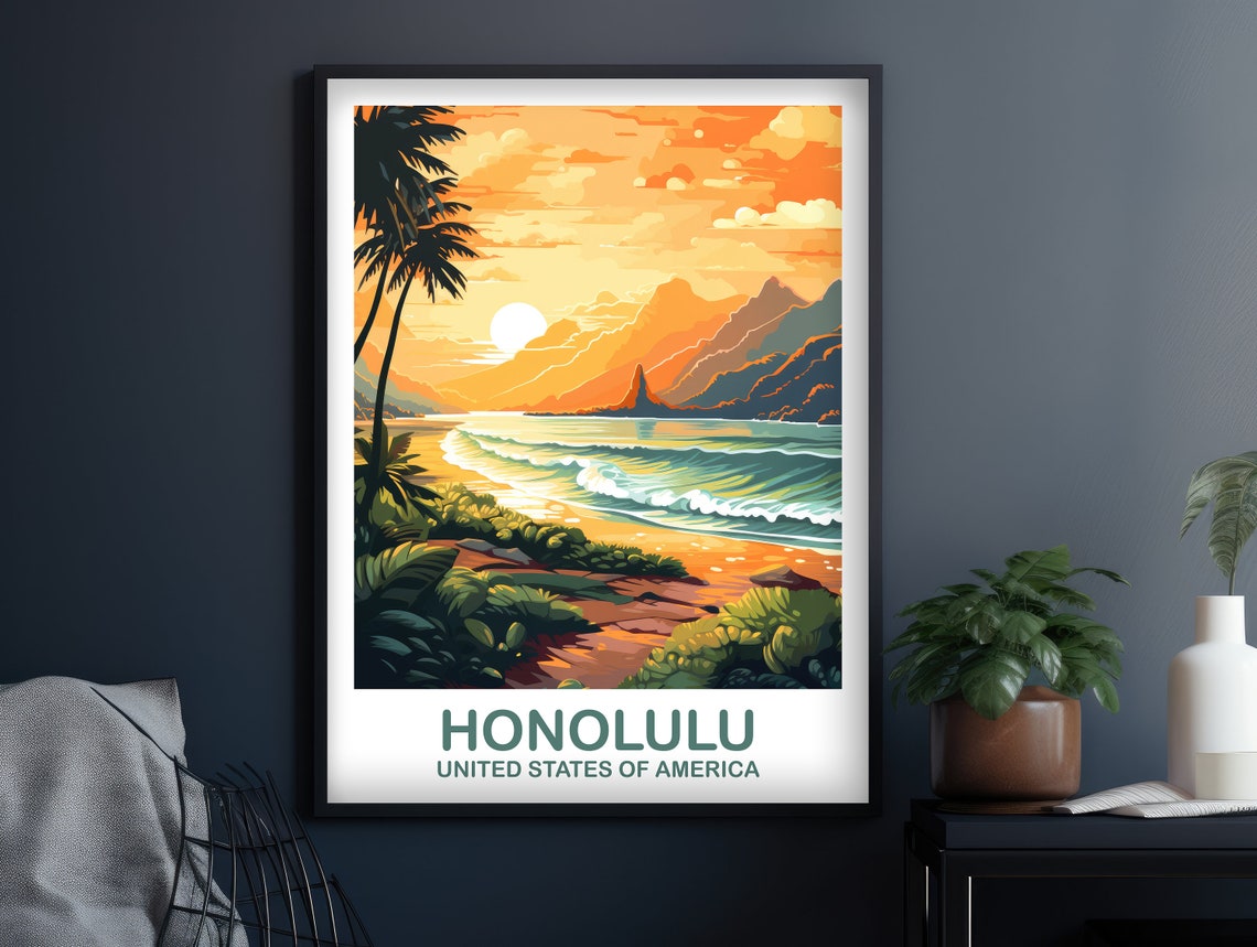 Honolulu Travel Wall Art Hawaii Travel Wall Art Honolulu Wall Art Poster City Skyline Wall Art Usa Travel Wall Art T2nahaho2 - Image 2