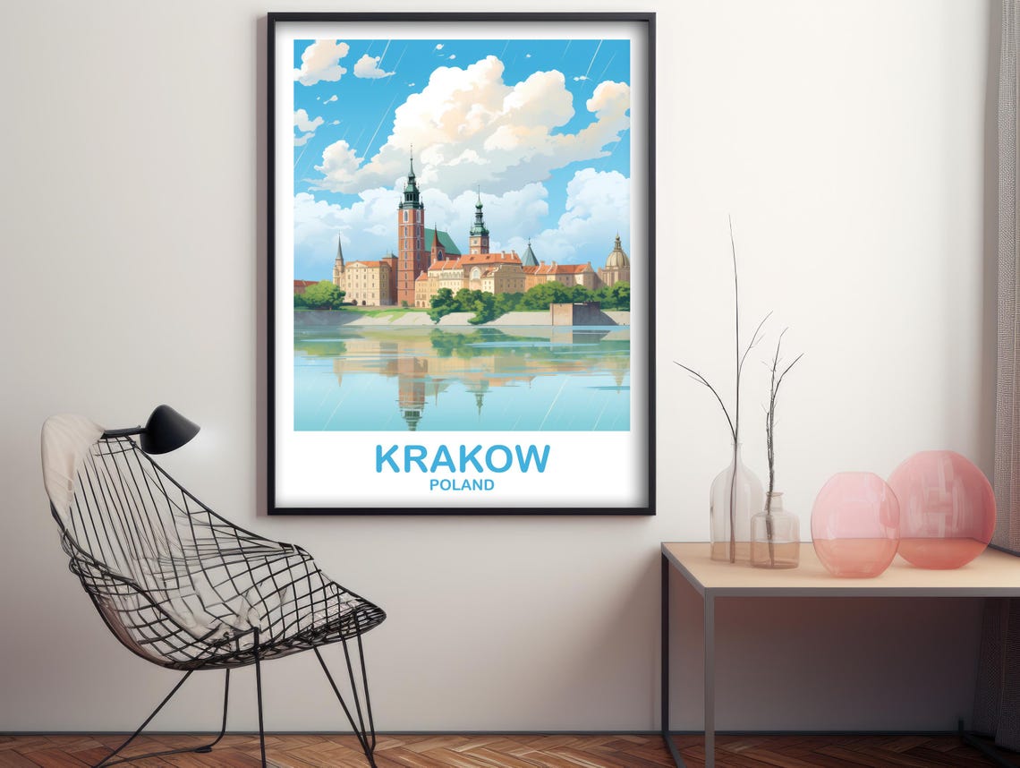 Krakow Poland Riverside Castle Skyline Reflection Travel Art Poster - Image 3