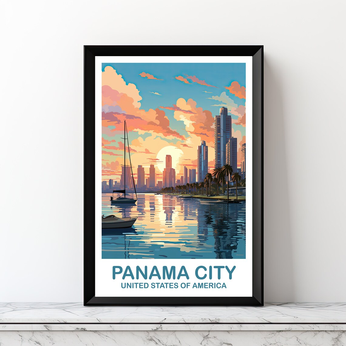 Panama City Waterfront Sunset Sailboat Skyline Travel Art Poster