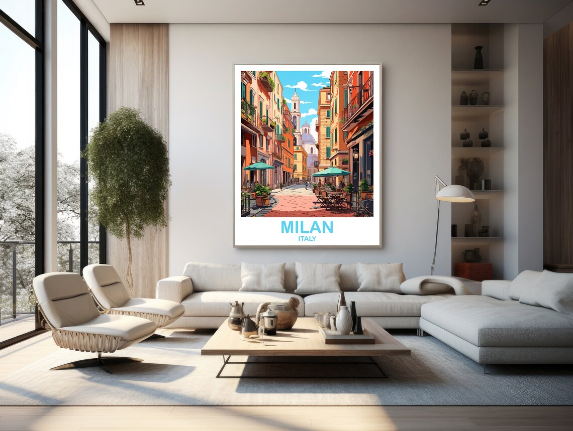 Milan Italy Old Street Cafe Umbrellas Bell Tower Travel Art Poster - Image 2