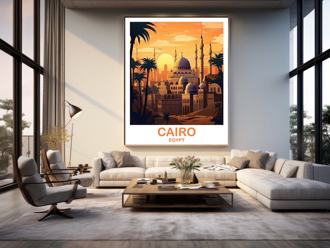 Cairo Egypt Golden Sunset Skyline Palm Trees Vintage Travel Poster - Image 3