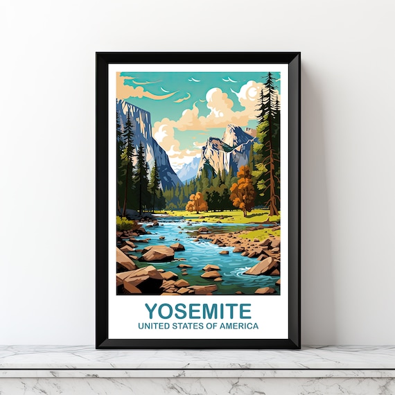 Yosemite National Park Valley River Granite Cliffs Vintage Art Poster