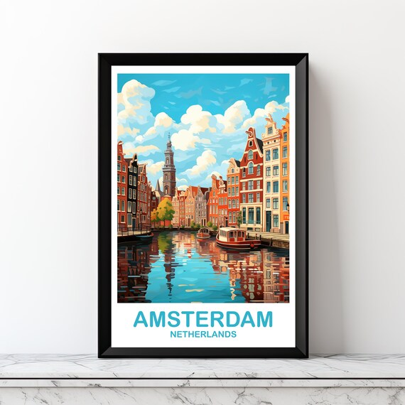 Amsterdam Travel Poster, City Skyline Sunset