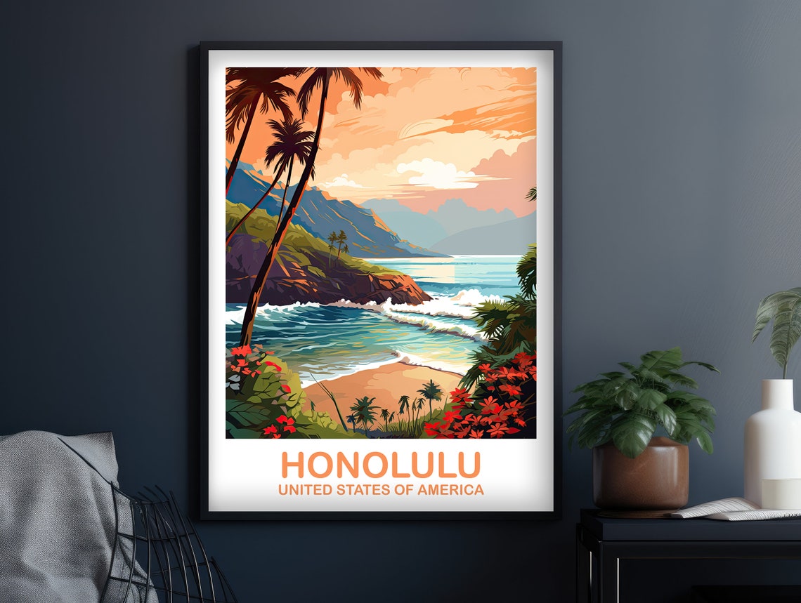 Honolulu Tropical Beach Red Flowers Ocean View Travel Art Poster - Image 2