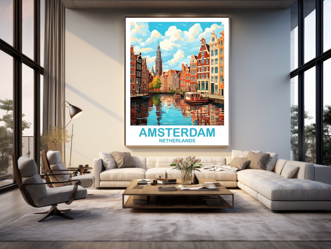 Amsterdam Netherlands Canal Houses and Boats Bright Travel Poster - Image 3