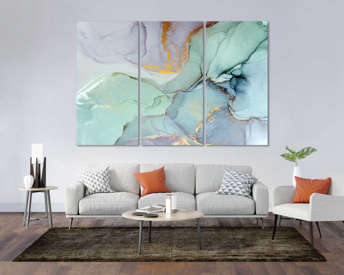 Mint Green Marble Abstract Gold Accents Modern Fluid Wall Art Poster - Image 3