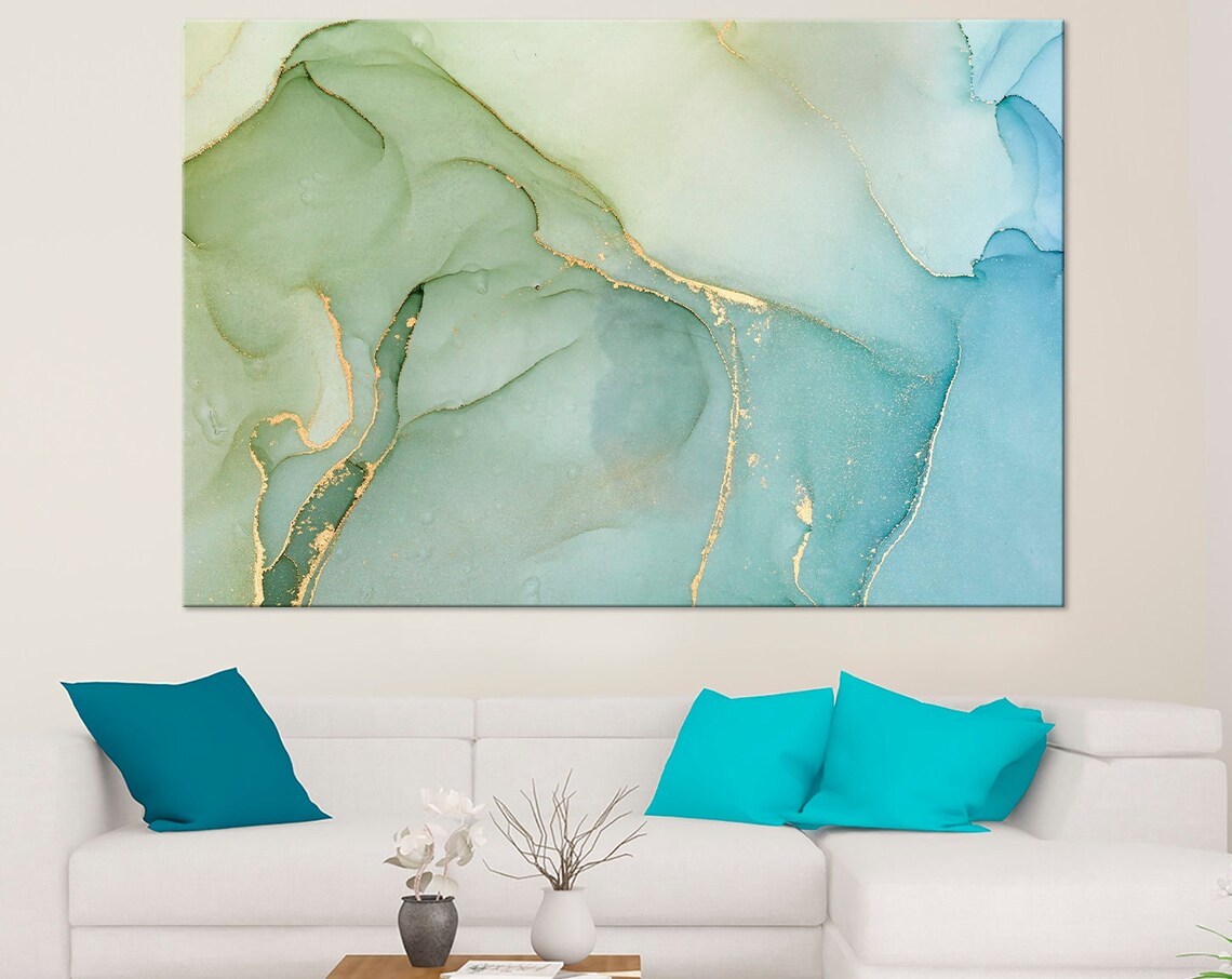 Green Gold Veins Marble Abstract Ink Modern Living Room Poster