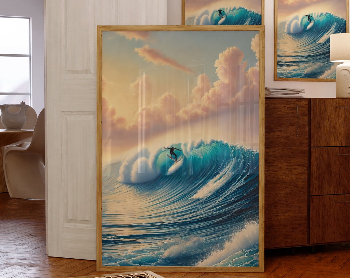 Surfer Riding A Giant Turquoise Wave At Sunrise Surf Art Poster - Image 4