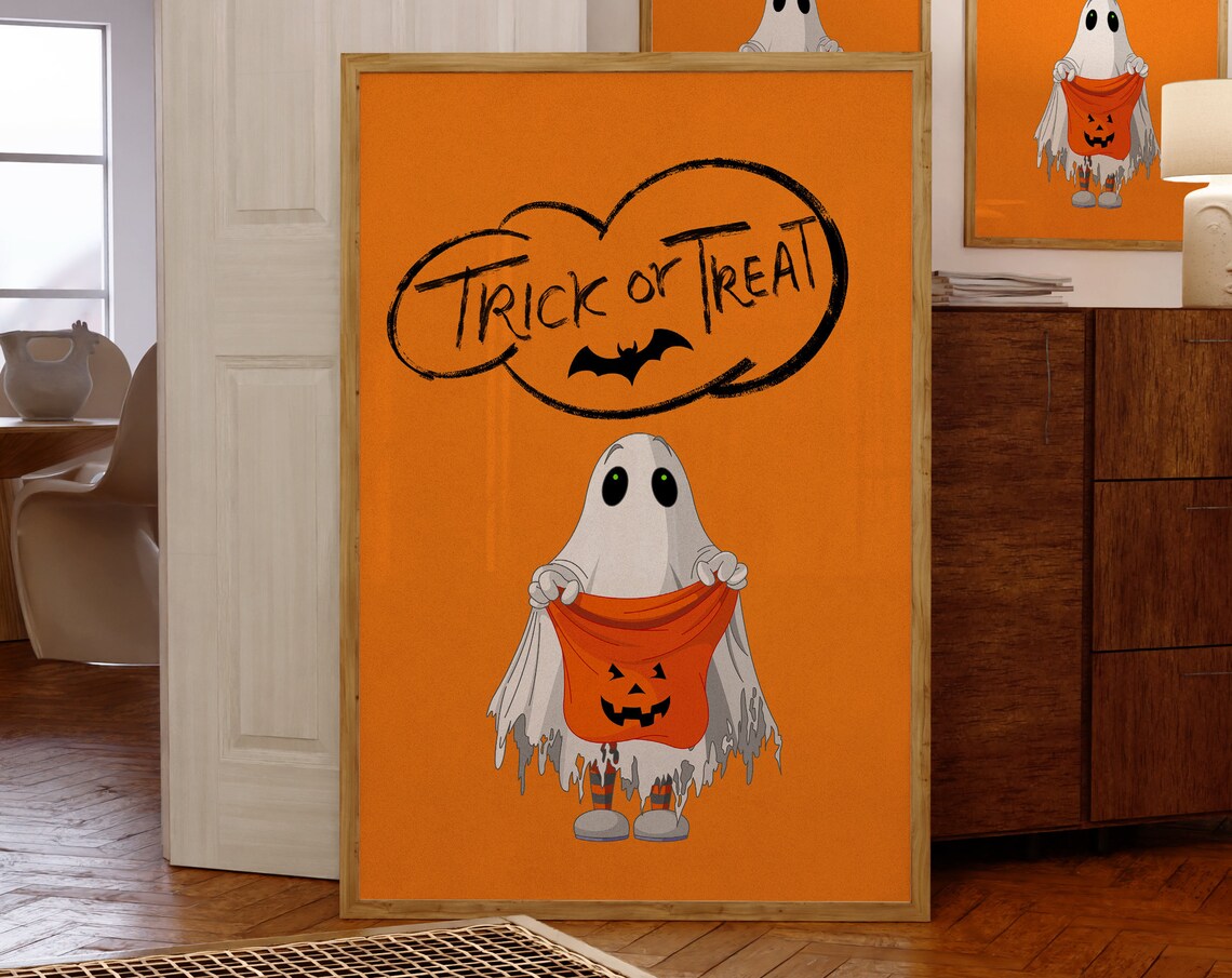 Cute Ghost Trick or Treat Pumpkin Candy Bag Orange Halloween Poster