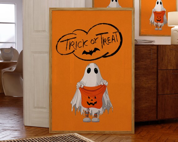 Cute Ghost Trick or Treat Pumpkin Candy Bag Orange Halloween Poster