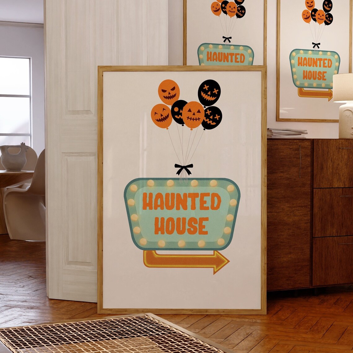 Haunted House Retro Marquee Sign Pumpkin Balloons Orange Halloween Poster