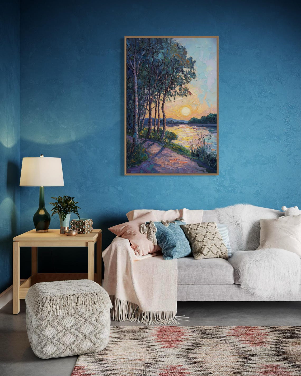 Lakeside Sunset Impressionist Golden Water Birch Trees Path Art Poster - Image 5