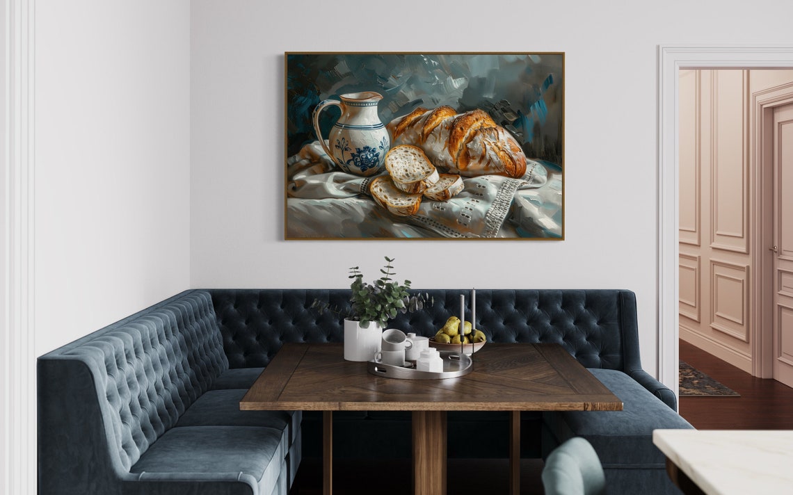 Rustic Bread Loaf Still Life Ceramic Pitcher Cozy Kitchen Wall Art - Image 3