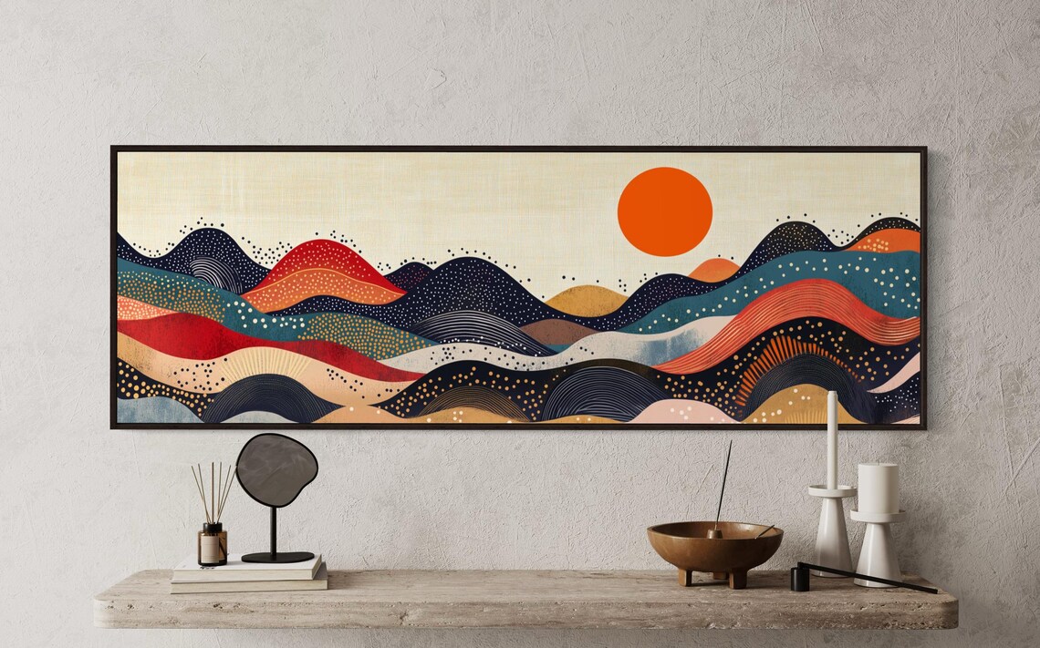 Japandi Abstract Mountain Landscape Art Print, Minimalist Sun