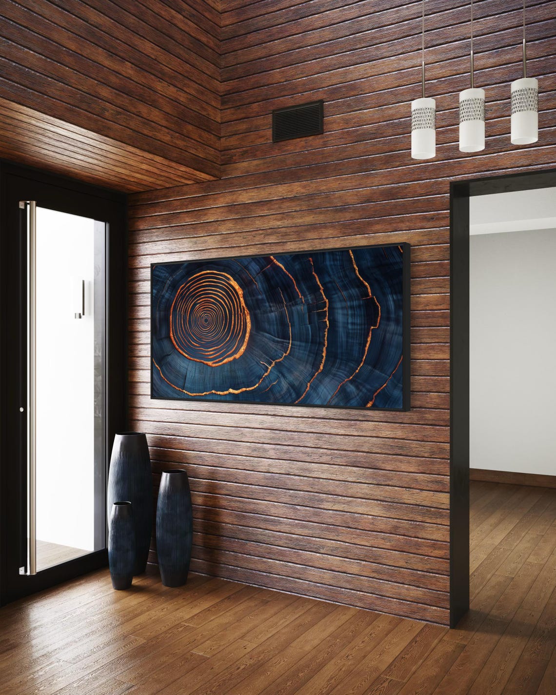 Abstract Tree Ring Art Navy Blue Orange Growth Rings Nature Print - Image 5