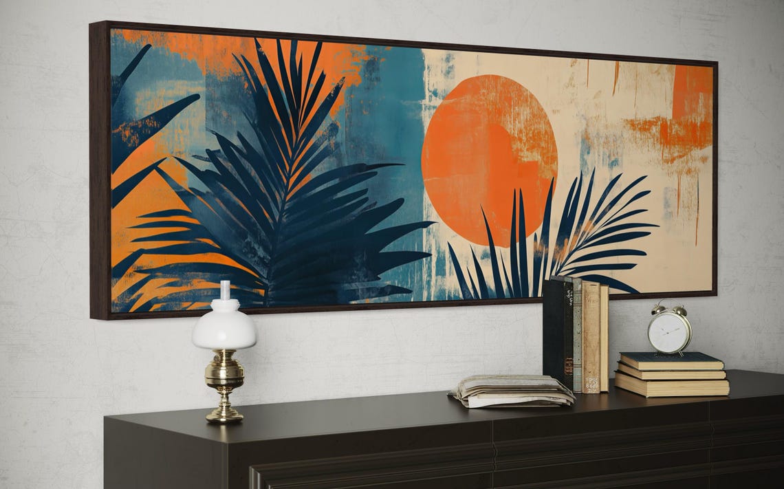 Abstract Palm Leaves Bold Orange Sun Tropical Boho Panoramic Wall Art - Image 4