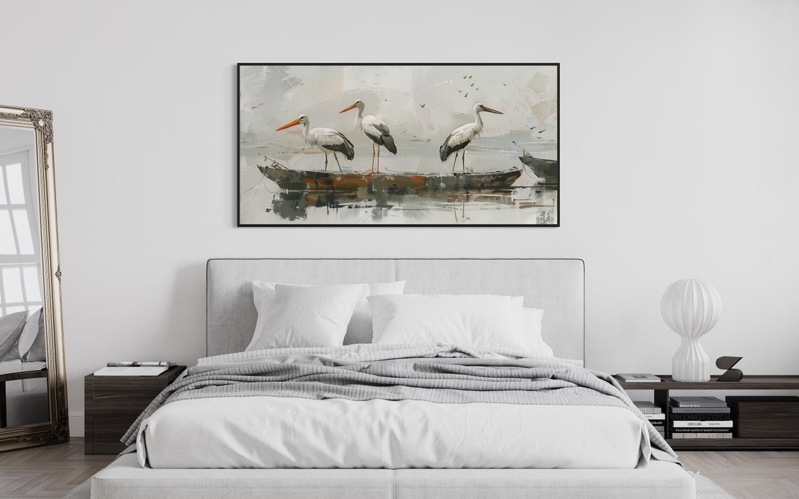 White Storks Foggy Lake Boat Misty Morning Elegant Wildlife Wall Art - Image 2