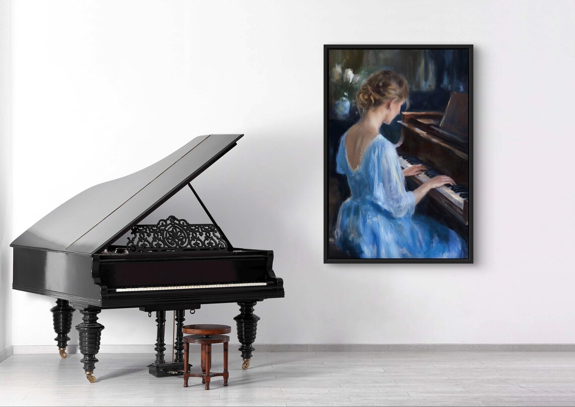Elegant Woman Playing Grand Piano Flowing Blue Dress Music Poster - Image 3