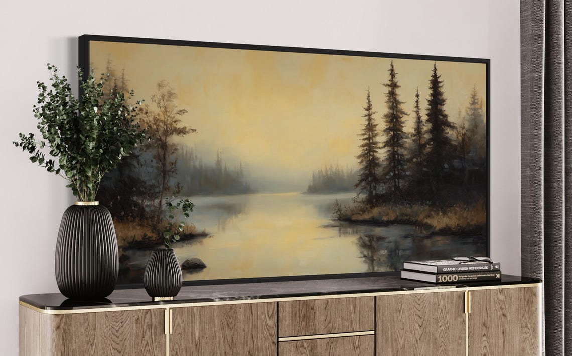 Misty Pine Forest Wall Art Moody Landscape Print With Calm Lake Reflection Perfect Atmospheric Art For Above Bed Or Panoramic Spaces - Image 5