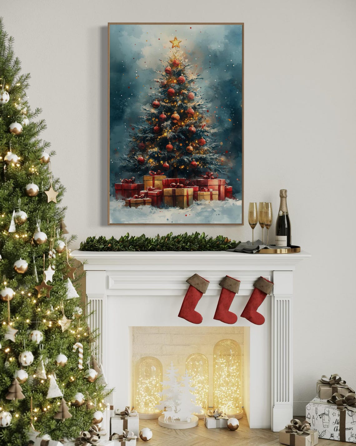 Festive Christmas Tree Glowing Lights Red Ornaments Gifts Poster - Image 2