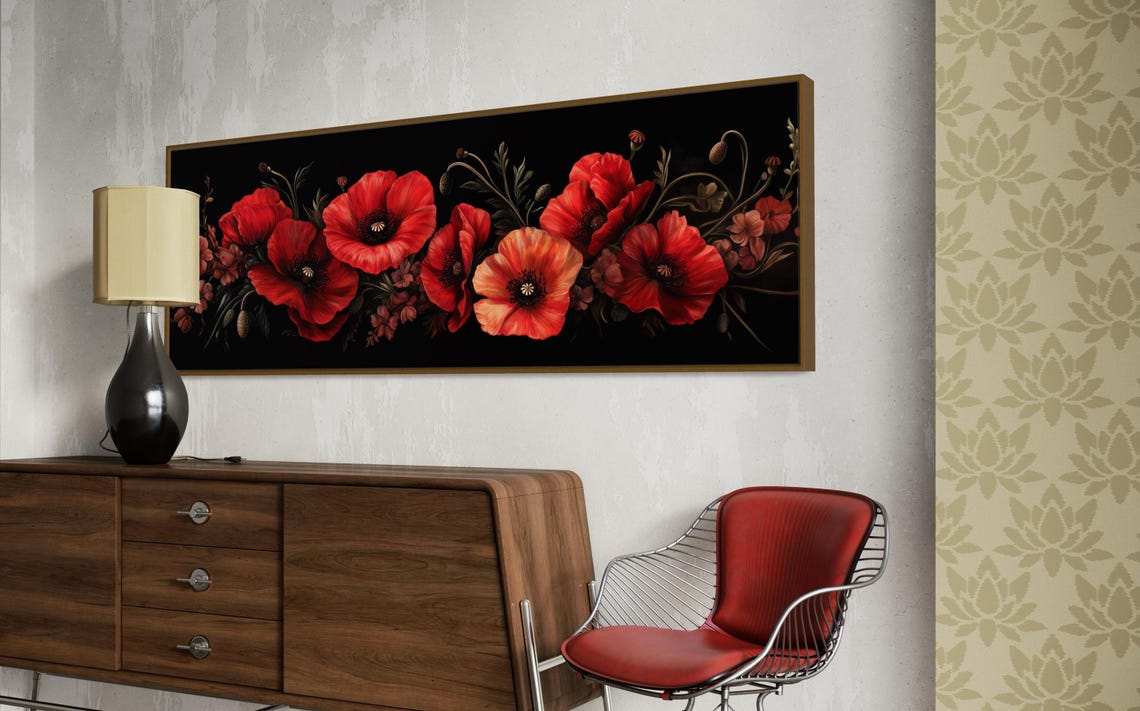 Bold Red Poppy Floral Dark Background Panoramic Elegant Poster - Image 4