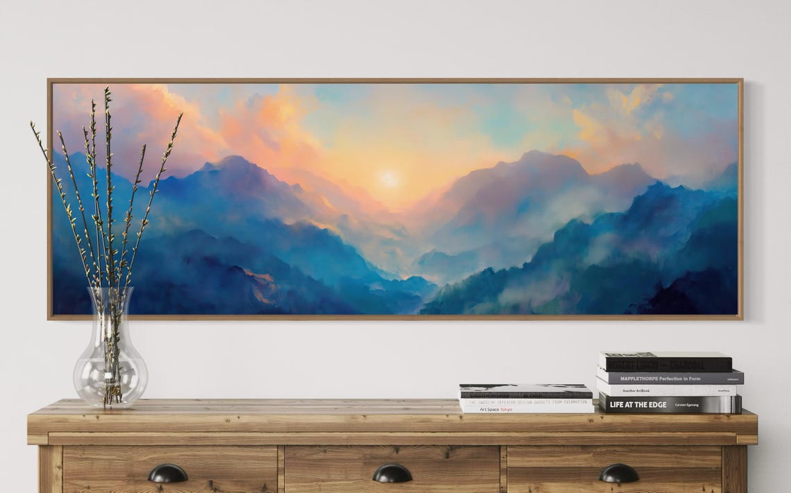 Colorful Sunrise Over Misty Mountains Panoramic Wall Art For Above Bed Or Couch Relaxing Long Narrow Wall Art - Image 5