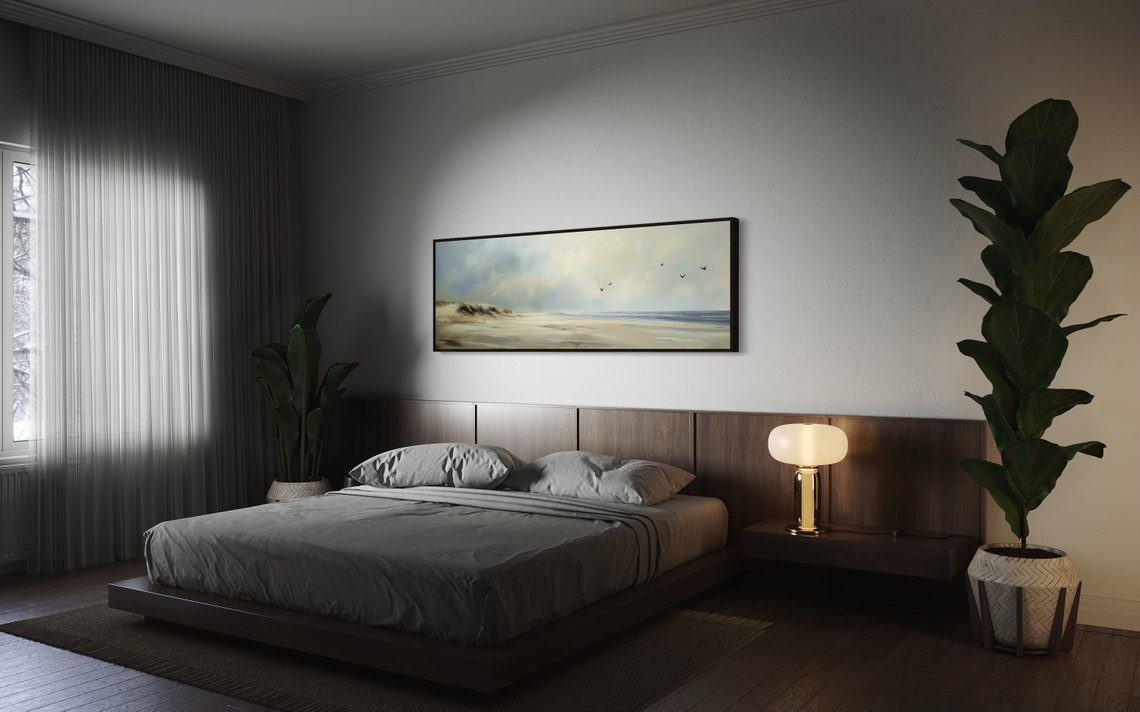 Serene Misty Beach Seascape With Seagulls Panoramic Wall Art Print - Image 3