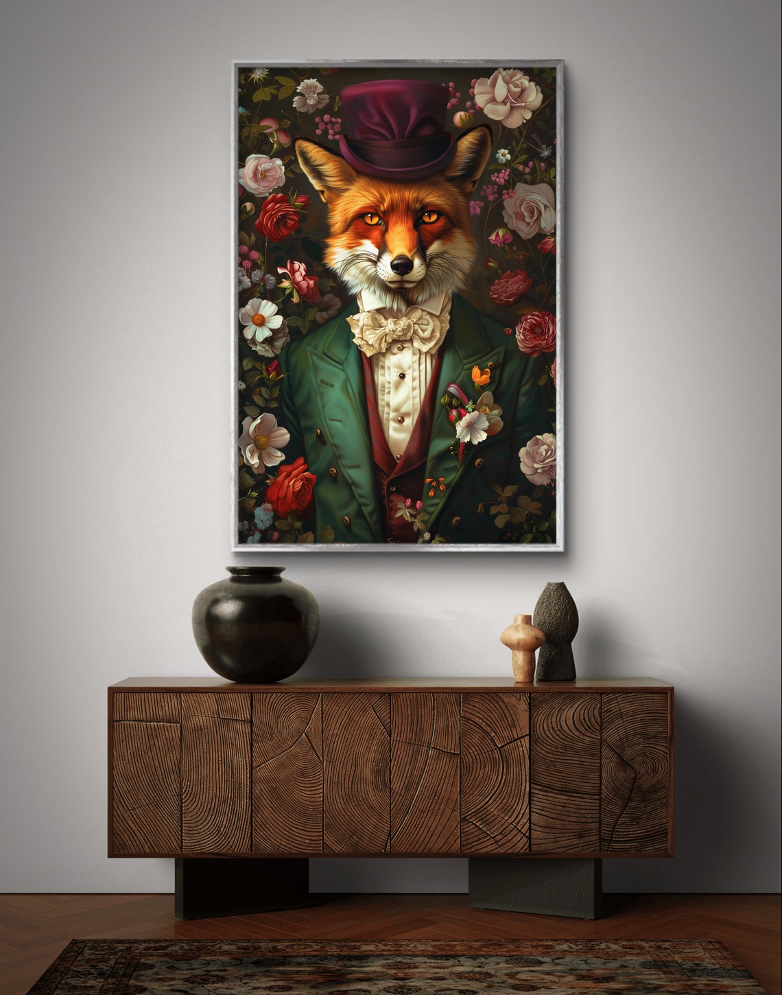 Victorian Fox Top Hat Green Coat Floral Whimsical Portrait Wall Art - Image 5