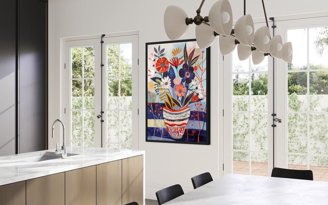 Folk Art Flower Bouquet Patterned Vase Red Blue Whimsical Wall Art - Image 4