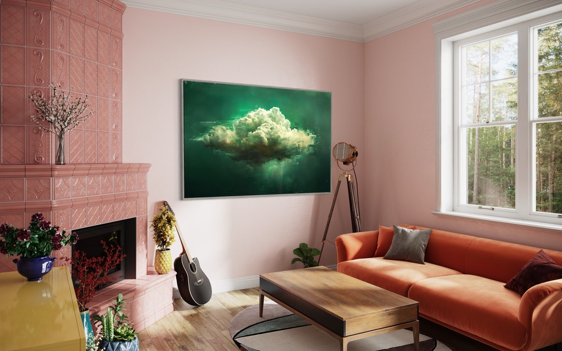 White Cloud Emerald Green Abstract Dreamy Modern Canvas Art Poster - Image 4