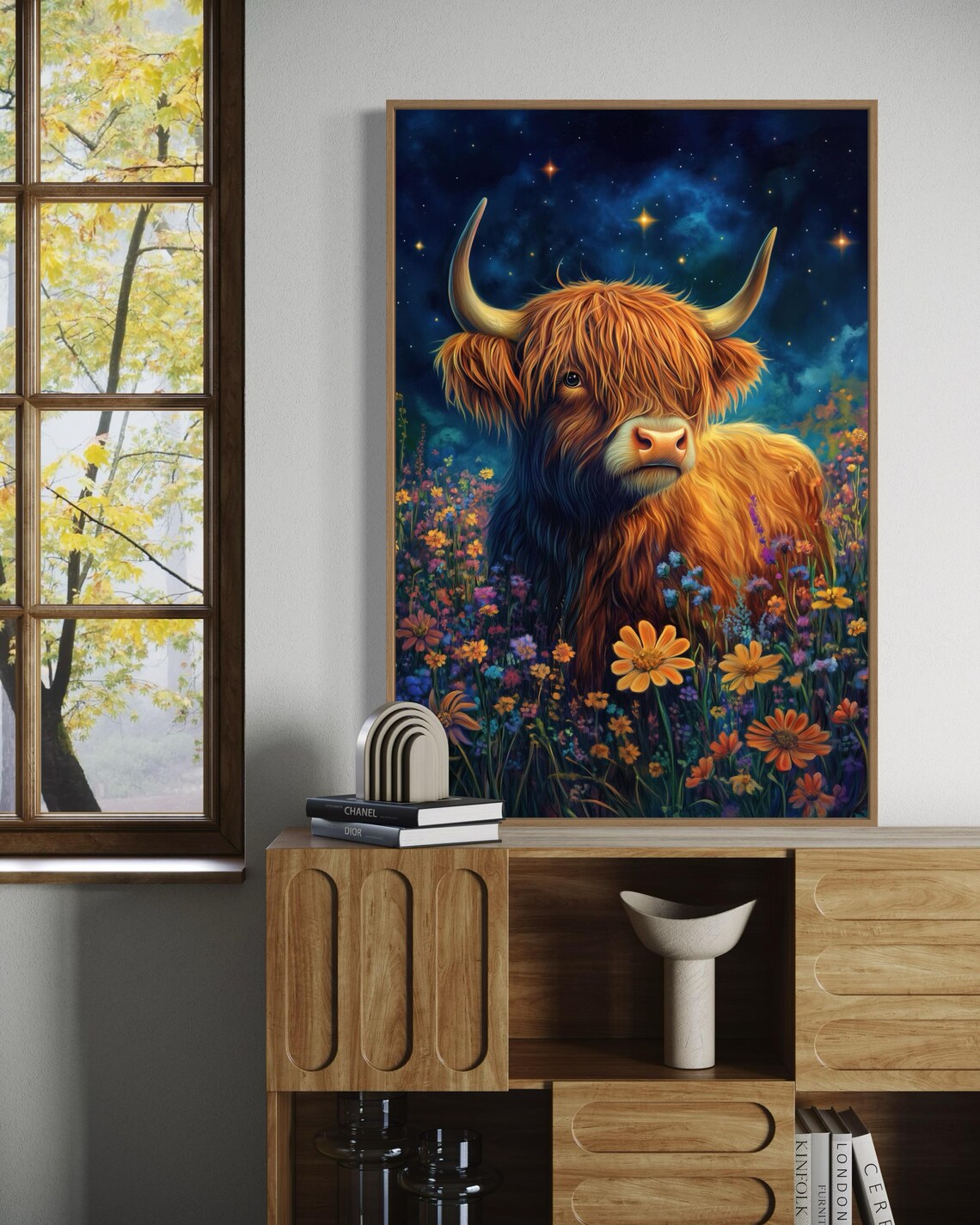 Highland Cow Wildflowers Starry Night Whimsical Colorful Animal Poster - Image 2