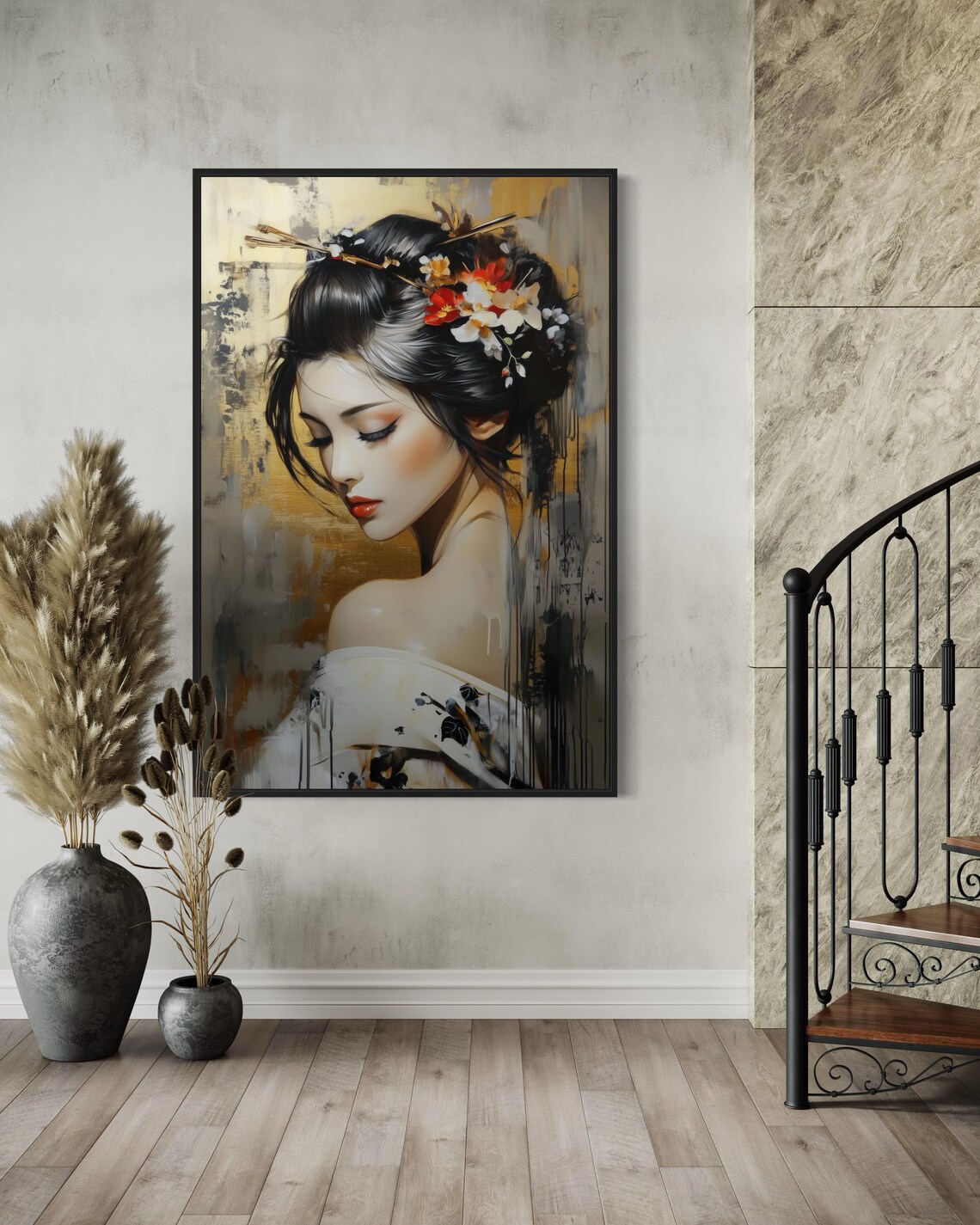 Elegant Geisha Portrait Gold Background Japanese Floral Beauty Poster - Image 5