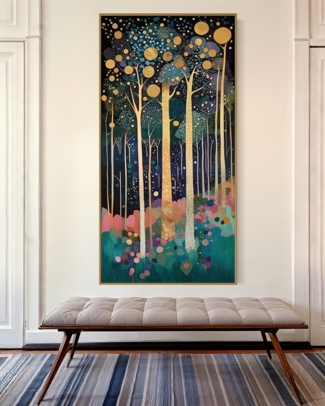 Magical Abstract Forest Klimt Inspired Abstract Tree Print With Gold Accents Tranquil Vertical Narrow Decor Nature Scene For Above Bed - Image 2
