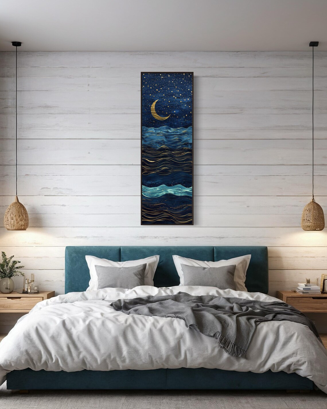 Dreamy Gold Crescent Moon Starry Ocean Waves Tall Night Art Print - Image 3