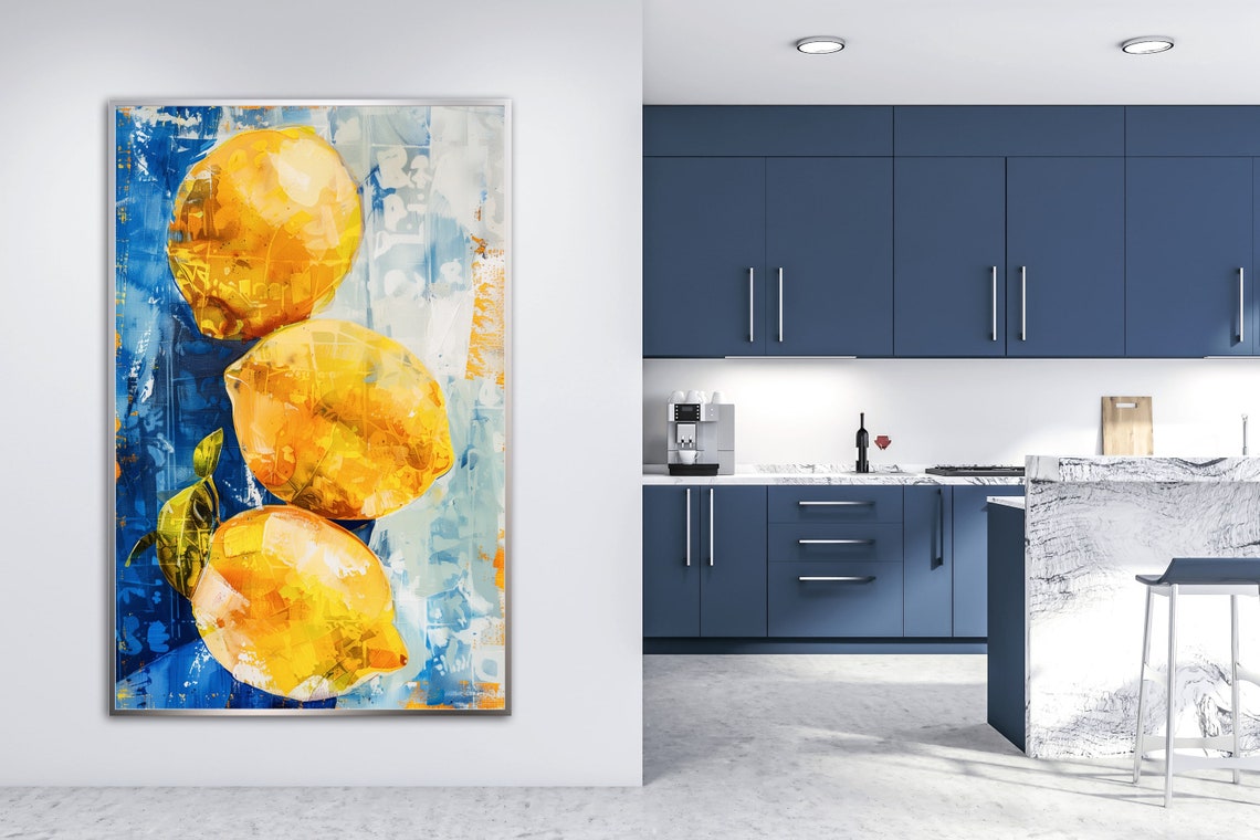 Italian Lemons Fruit Painting On Blue Background Kitchen Art Poster - Image 5