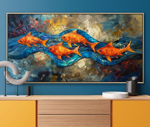 Colorful Koi Fish Dance Golden Fish Wall Art Print Long Narrow Wall Art Perfect For Above Bed Decor Or As A Nautical Artwork