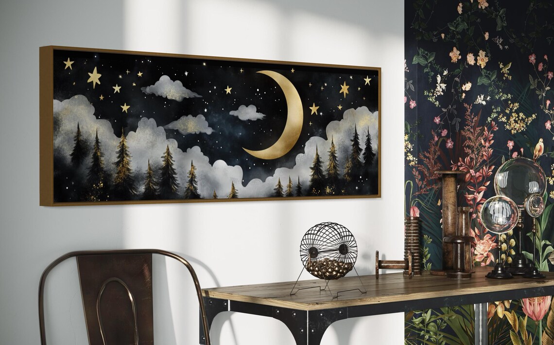 Crescent Moon Over Enchanted Forest Art Starry Night And Pine Tree Art Panoramic Print Perfect For Rustic Wall Decor - Image 3