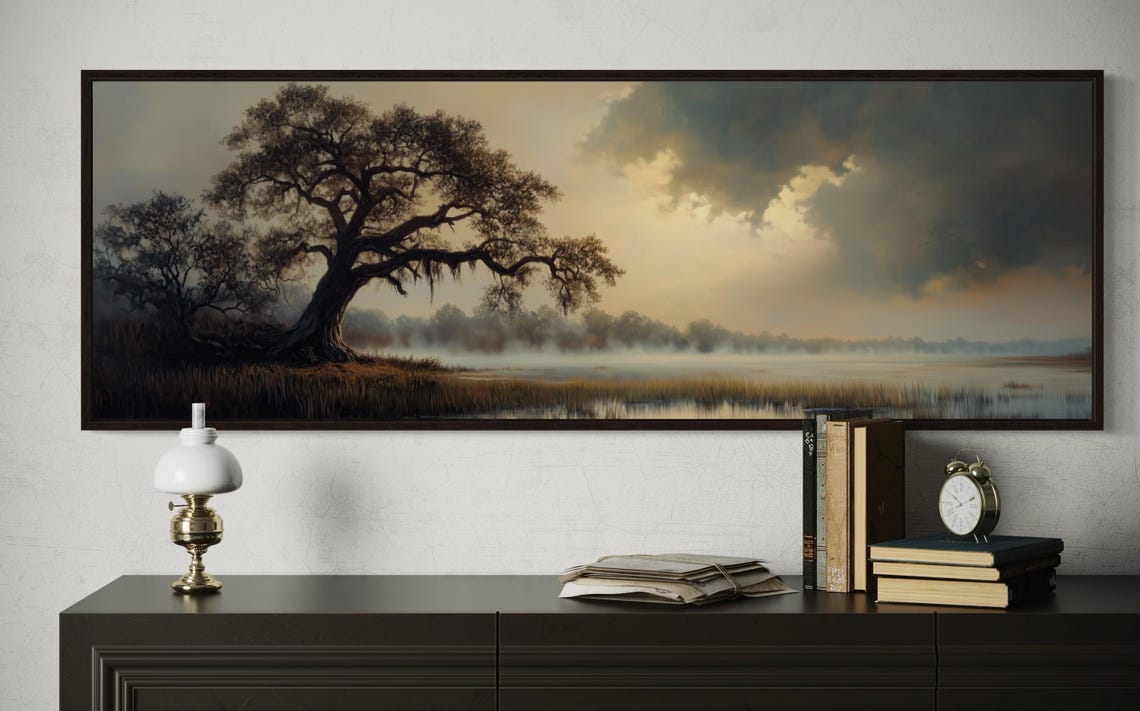 Majestic Oak Tree Misty Lakeside Dawn Golden Light Moody Nature Print - Image 5