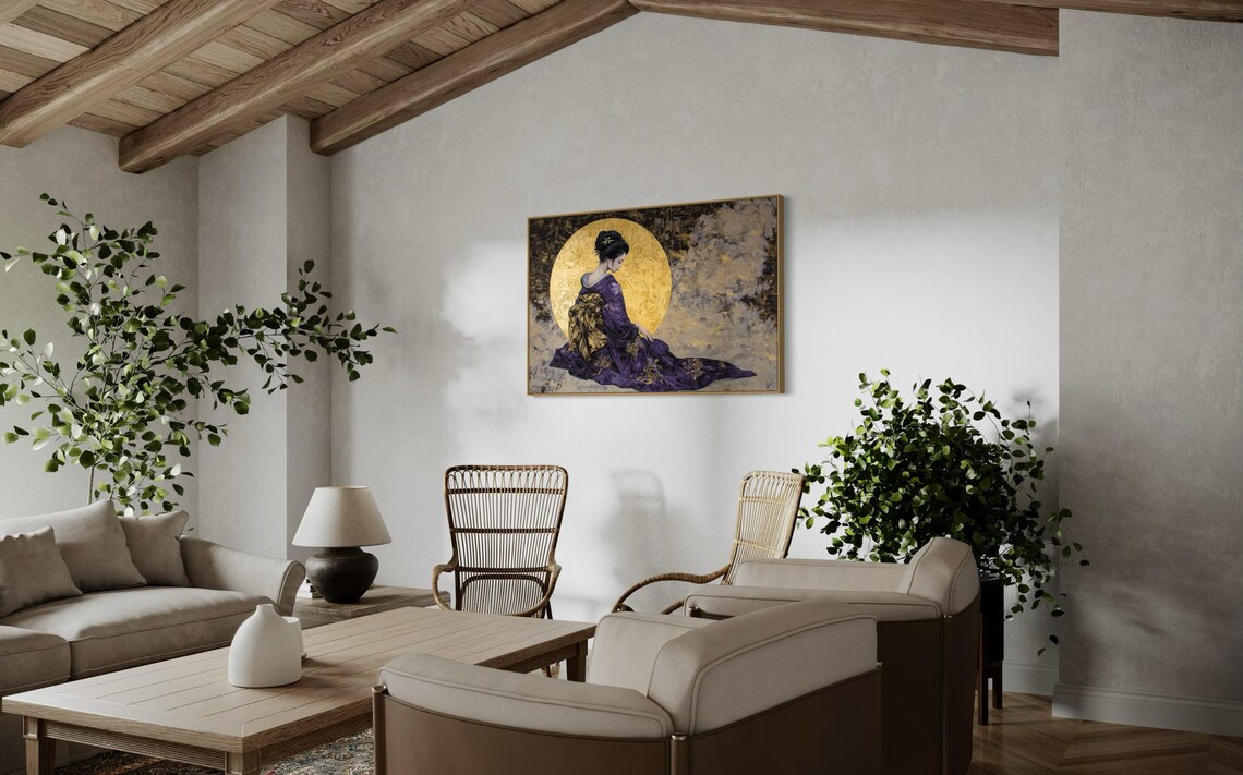 Elegant Geisha Purple Kimono Gold Moon Japanese Asian Art Wall Print - Image 2