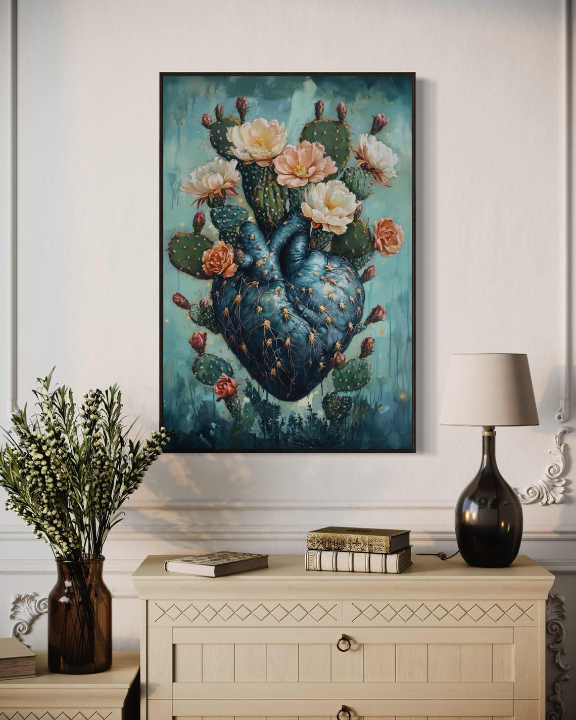 Heart Shaped Blooming Cactus Teal Botanical Desert Floral Art Poster - Image 3
