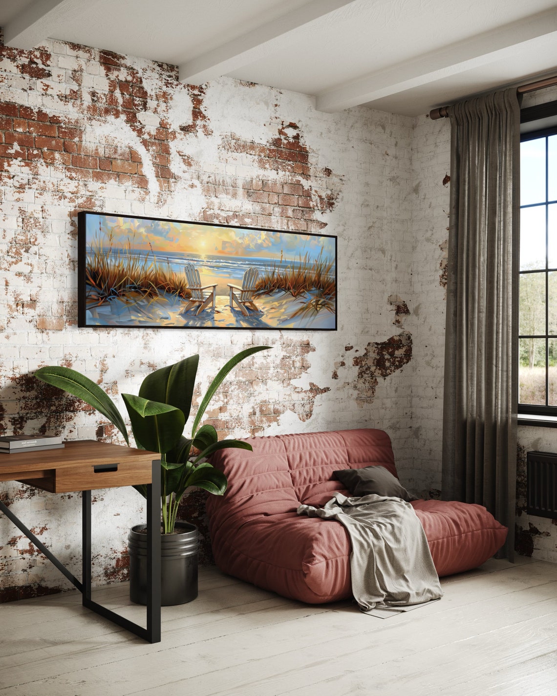 Golden Beach Sunset Ocean Chairs Panoramic Impressionist Travel Poster - Image 3