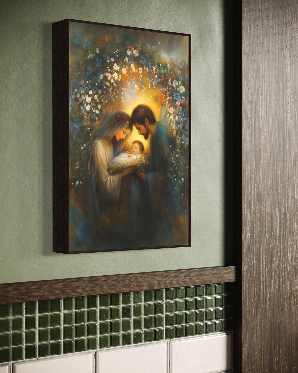 Holy Family Nativity Mary Joseph Baby Jesus Glowing Floral Faith Art Poster - Image 2